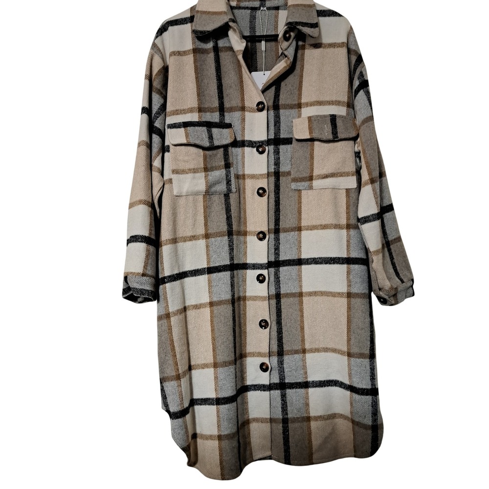 Seek Me Womens Tan Grey Plaid Longline Shacket Oversized Flannel Jacket Med New